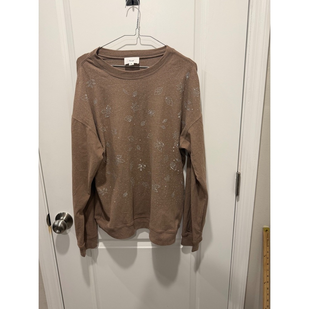 Fyve Women Sweatshirt Rhinestone Leaf Embellished Brown Medium